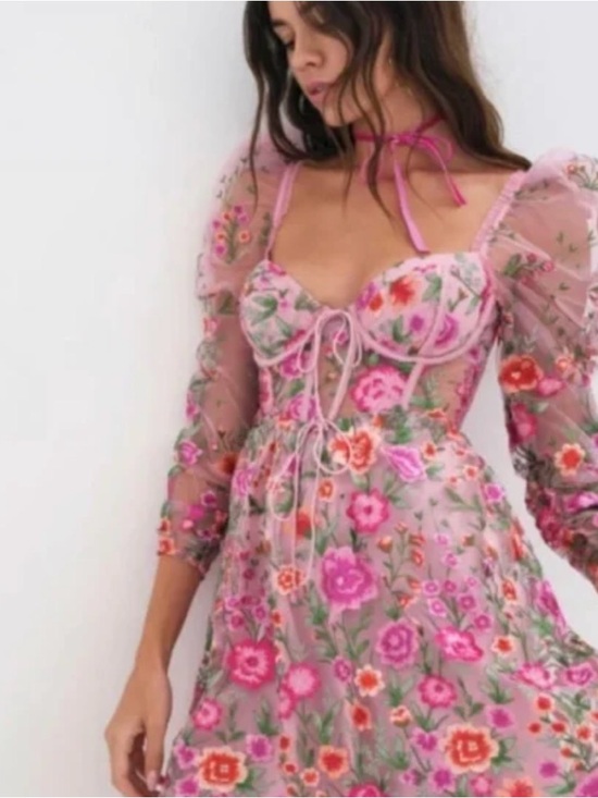 For Love And Lemons Dresses & Skirts - For Love & Lemons Pink Floral Embroidered Short Dress